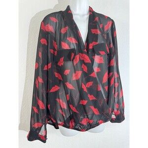 BISOU BISOU Blouse Women's Size Large Black Sheer Long Sleeve Lips Kiss